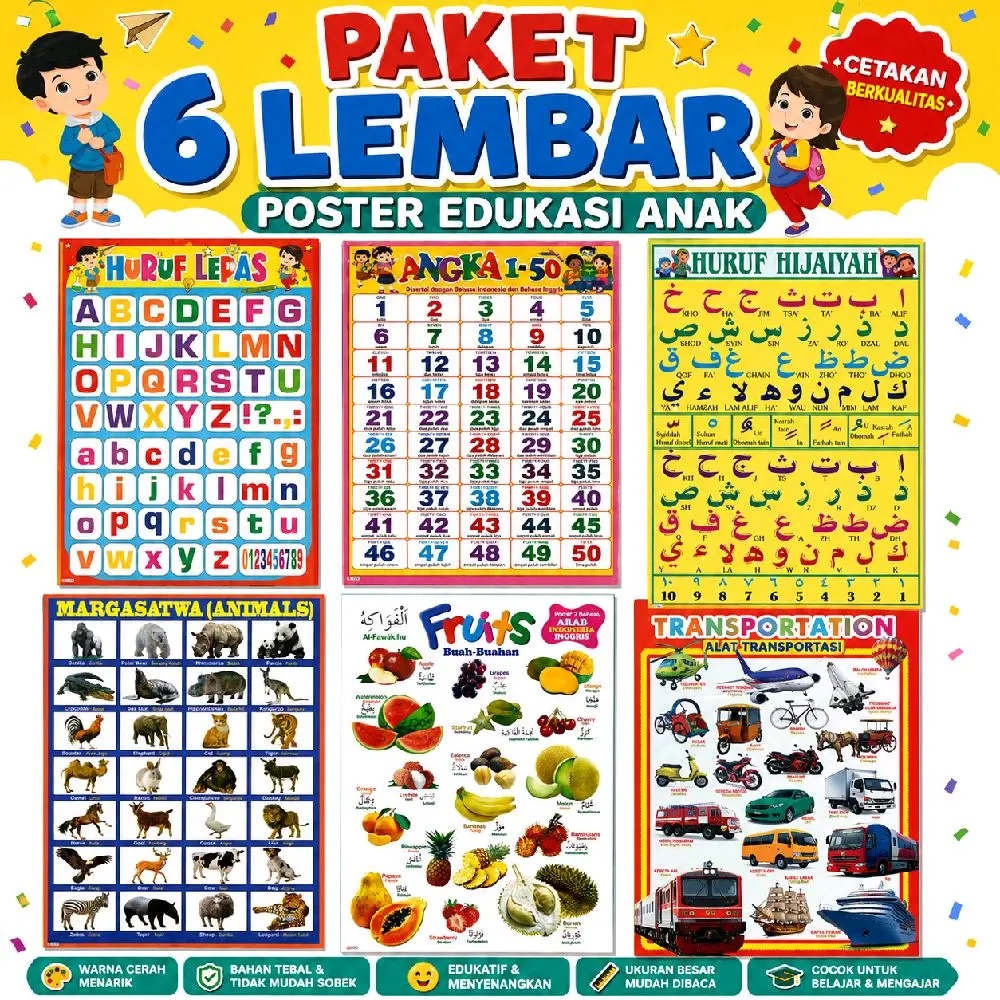 Paket 6 Lembar Poster Edukasi Anak - Huruf, Angka, Huruf Hijaiyah, Marga Satwa, Buah, dan Transportasi - Kualitas Terbaik