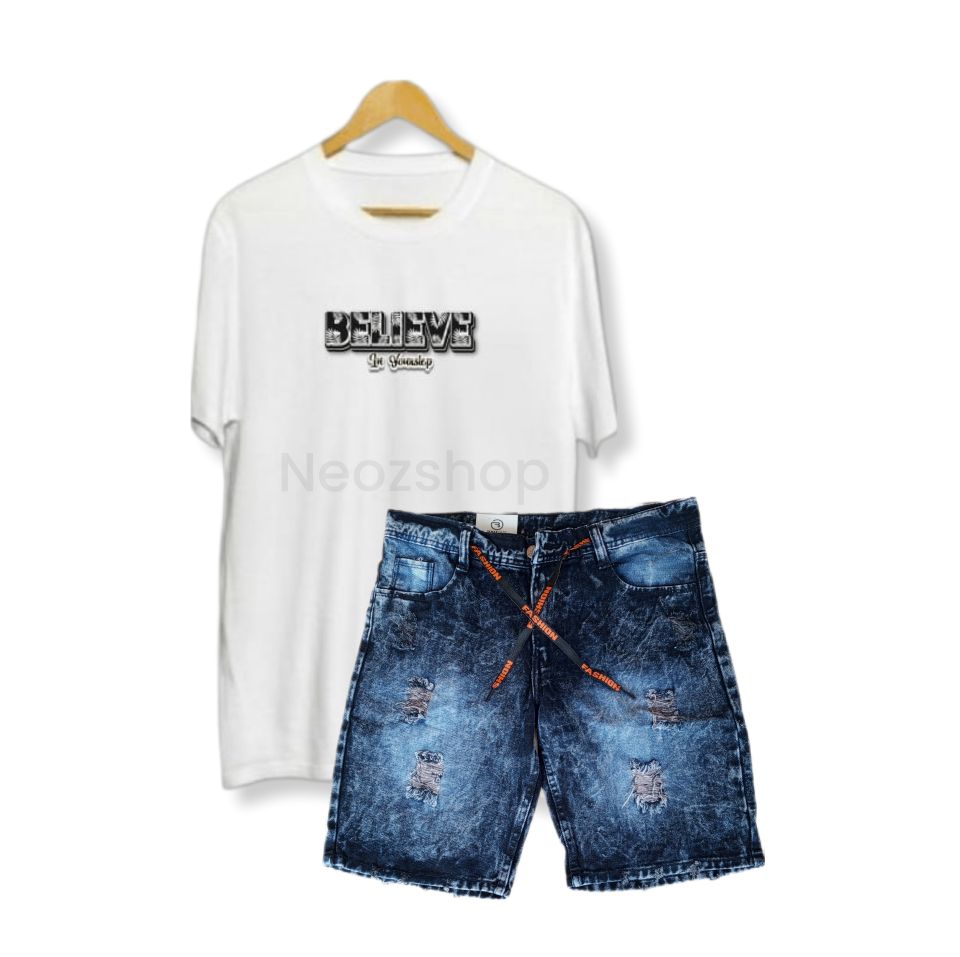Setelan Kaos Distro Believe Dan Celana Pendek Sobek Jeans Premium Pria Dewasa Setelan Kaos Distro Believe Dan Celana Pendek Sobek Jeans Premium Pria Dewasa