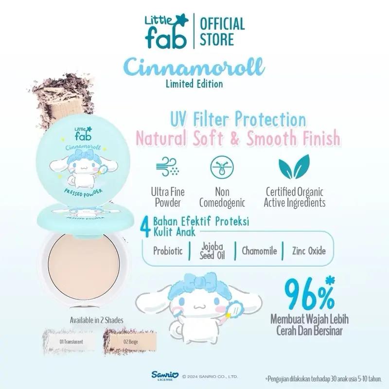 Little Fab Kids Pressed Powder Anti UV Compact | Limited Edition Cinnamoroll Bedak Anak Sanrio Makeup Anak Cinamonroll Bedak Padat Anak Sekolah Remaja 1