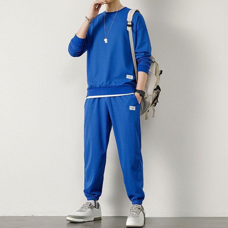 Product Introduction of Waffle Sweater Suit Loose Casual Autumn and Winter New round Neck Men's Long-Sleeved Trousers Teen Clothes 1