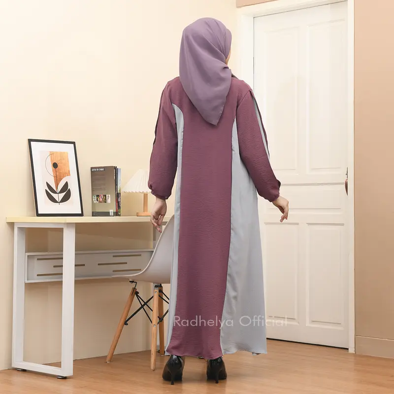 Kiara Dress | Gamis Basic Kombinasi Simpel Panjang Wanita Muslimah Syari Cantik Kancing Nyaman Variasi Khimar Plum Greey Kain Crinkel Zipper Wudhu Manset Ruffle 2