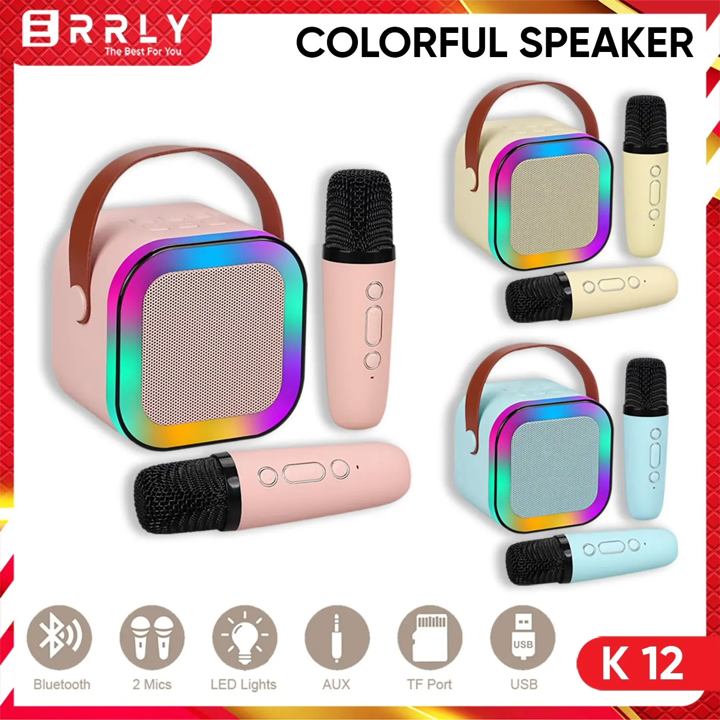 Mini Karaoke Set Speaker Bluetooth K12 LED Karaoke Super BASS Mic Microphone Wireless 1&2