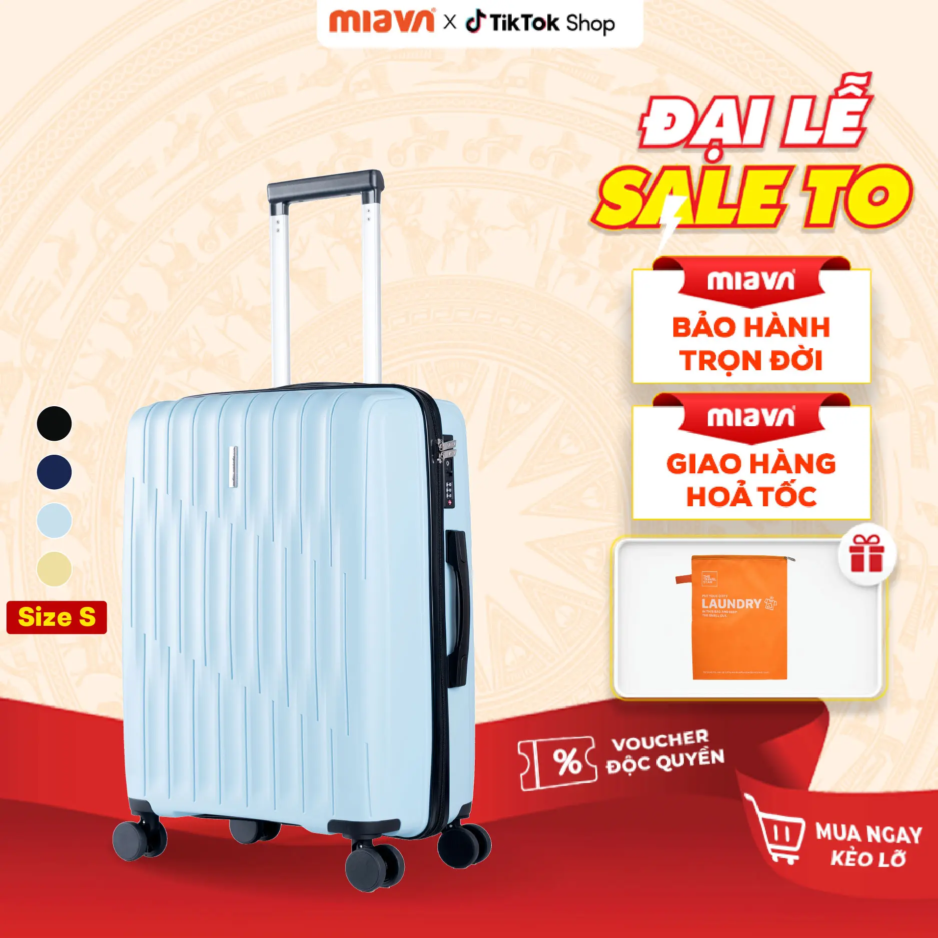 [ĐẠI LỄ SALE TO] Vali kéo du lịch cao cấp Larita Aly Size 20 (Size S) – xách tay 7kg–12kg, nhựa PP siêu bền, khóa TSA, bảo hành trọn đời