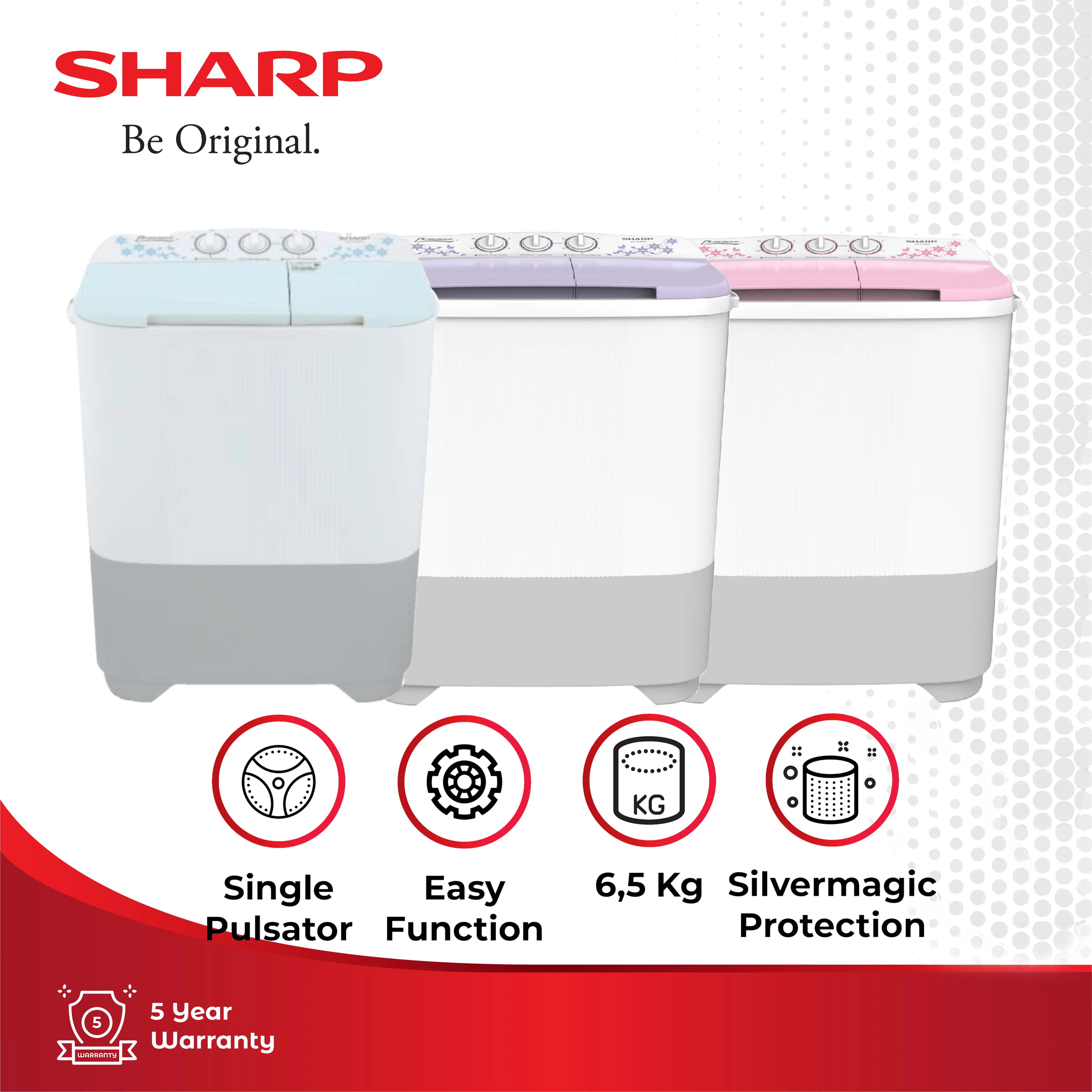 Mesin Cuci 2 Tabung 7 KG SHARP Model ES-T70MW-BL/LC/PK - Pengering - Hemat Energi Air