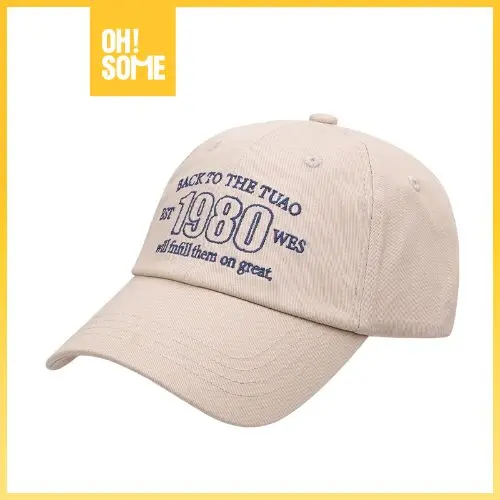 OHSOME Topi Baseball Teks Amerika Retro Putih Khaki Mostorhata 0