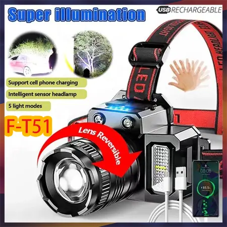 Lampu Kepala LED/Headlamp F-T51/Super Terang 5000 Lumen/USB Charging Senter/Dengan Sensor Tangan/Sorot Dengan 6 Mode Cahaya Lampu Kepala Untuk Memancing/Senter Kepala/Zoom Dan Mode Sensor/Powerbank/Cahaya Terang