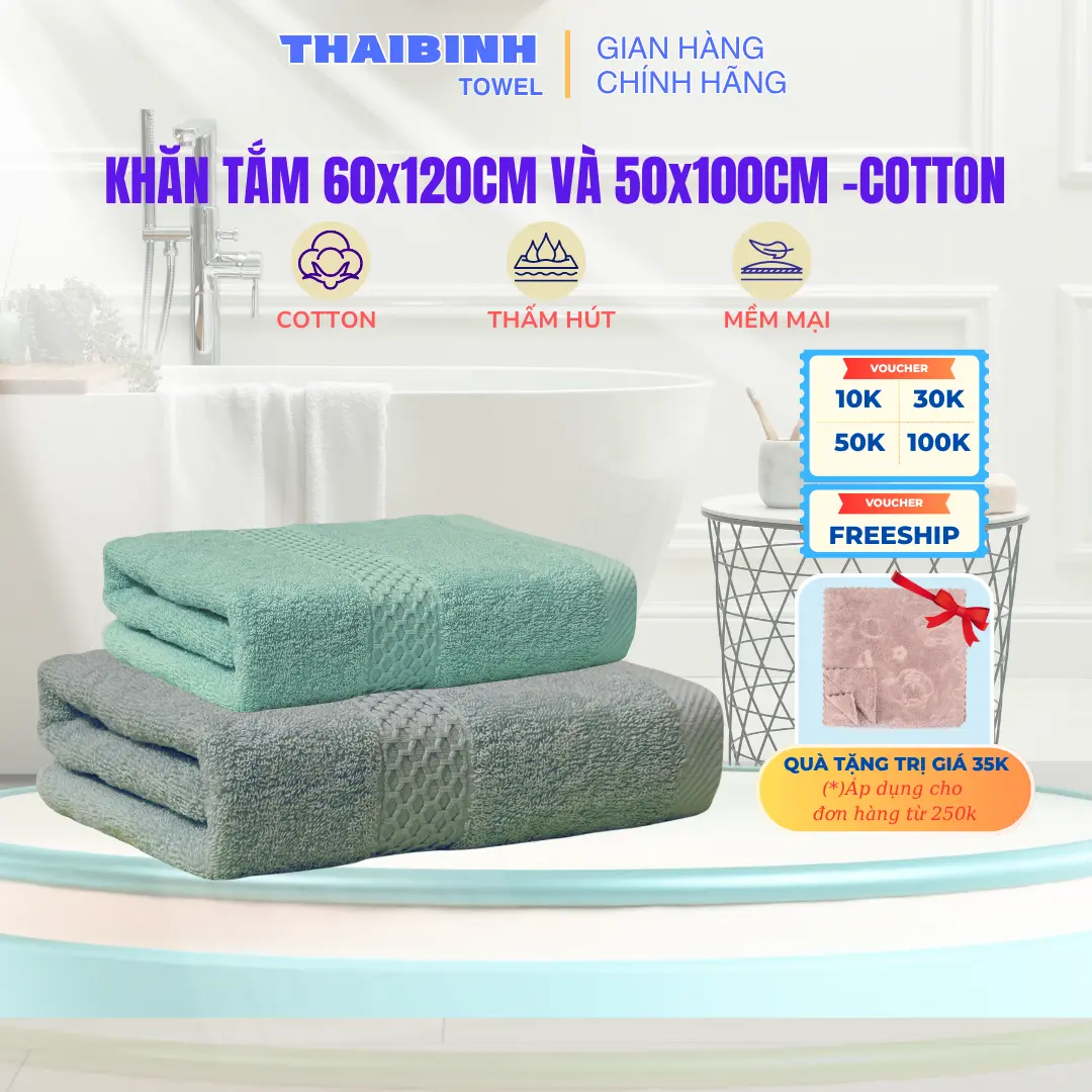 Khăn tắm Thaibinh với kích thước 50x100cm hoặc 60x120cm  100 % cotton không đổ lông, thấm hút tốt, không phai màu