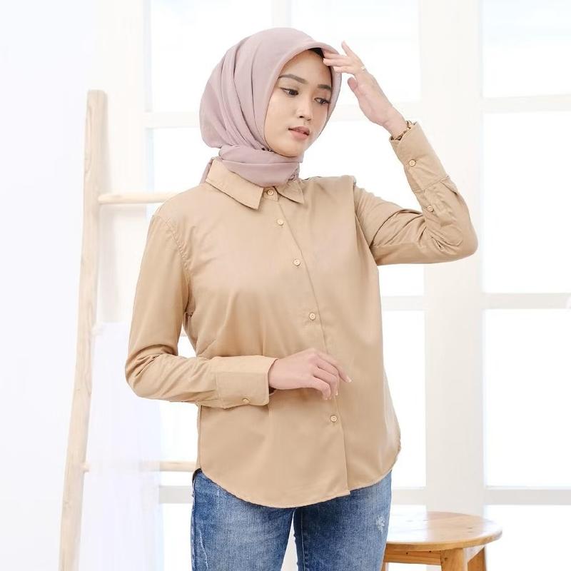Baju Atasan Kemeja Shakilla Wanita Casual Motif Polos Lengan Panjang Kancing Aktif 6