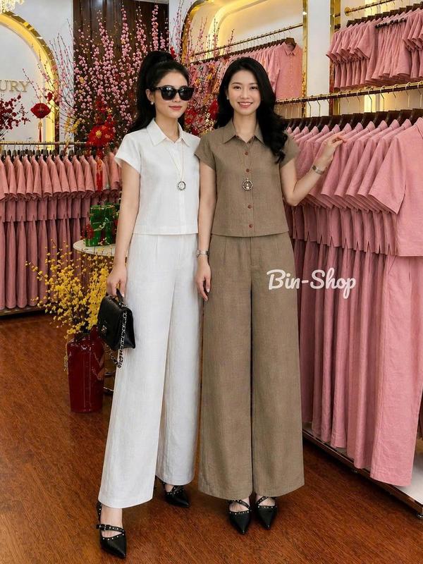 Set Áo sơ mi + Quần ống rộng, Phong cách Trẻ Trung, chất liệu Đũi mềm, Mặc Nhà,…