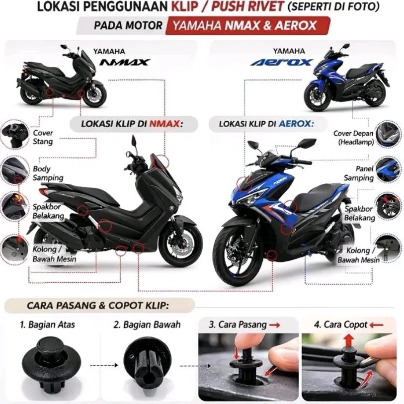 (25-100pcs) klip body plastik semua tipe yamaha Nmax Aerox Lexy Freego Mio Xmax faziio Dll