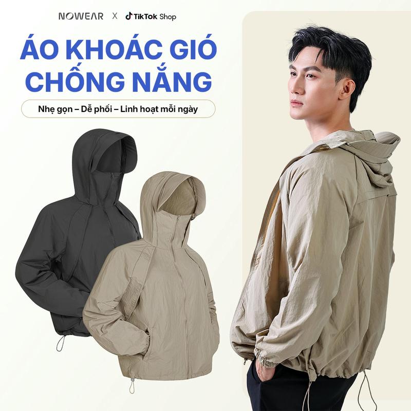 Áo Khoác Gió 1 Lớp Chống Nắng NOWEAR - Ngăn UPF 50+, Mỏng Nhẹ, Kháng Nước Nhẹ, Thoáng Khí, Có Mũ, Túi Khóa