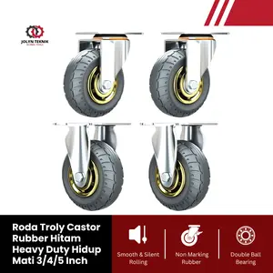 SET 4 PCS RODA TROLY CASTER BAHAN RUBBER HITAM HIDUP MATI 3 4 5 INCH