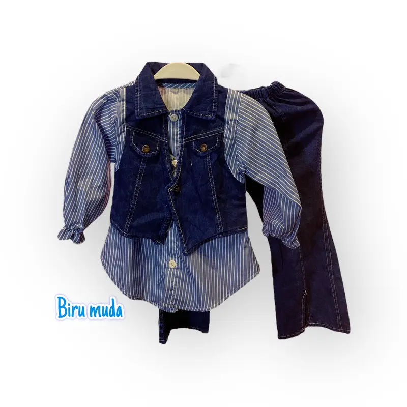 Fashion Kids Setelan Anak Perempuan Salur Mix Rompi Jeans Freya Celana Cutbray Usia 2-10 Tahun Viral 2