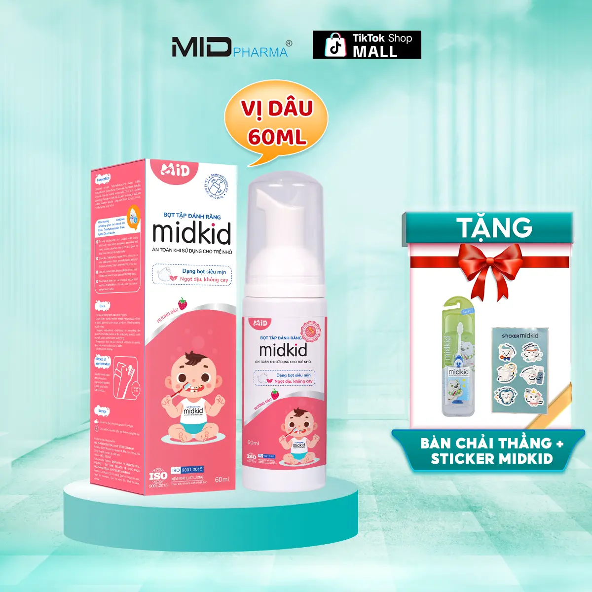 Bọt tập đánh răng Midkid cho trẻ từ 1 tuổi nuốt an toàn, vị Dâu 60ml dạng hữu cơ, không Fluoride, không cay, không chứa chất mài mòn răng - Tặng Bàn chải thẳng + Sticker