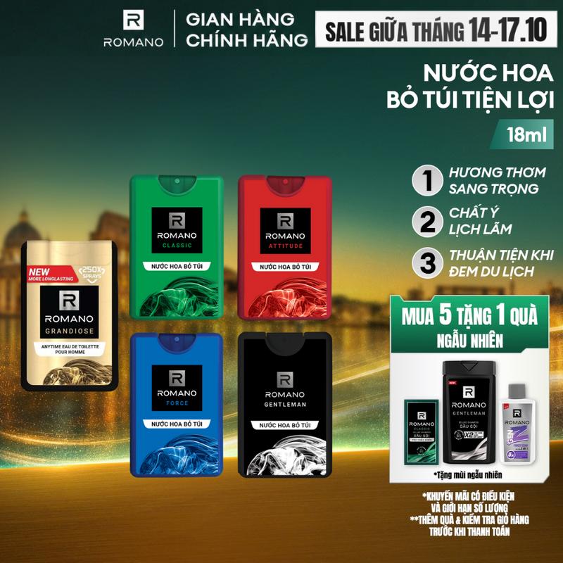 Nước hoa bỏ túi cho nam Perfume Romano hương Attitude/Classic/Force/Gentleman/ Vision/ Passion 18ml/chai