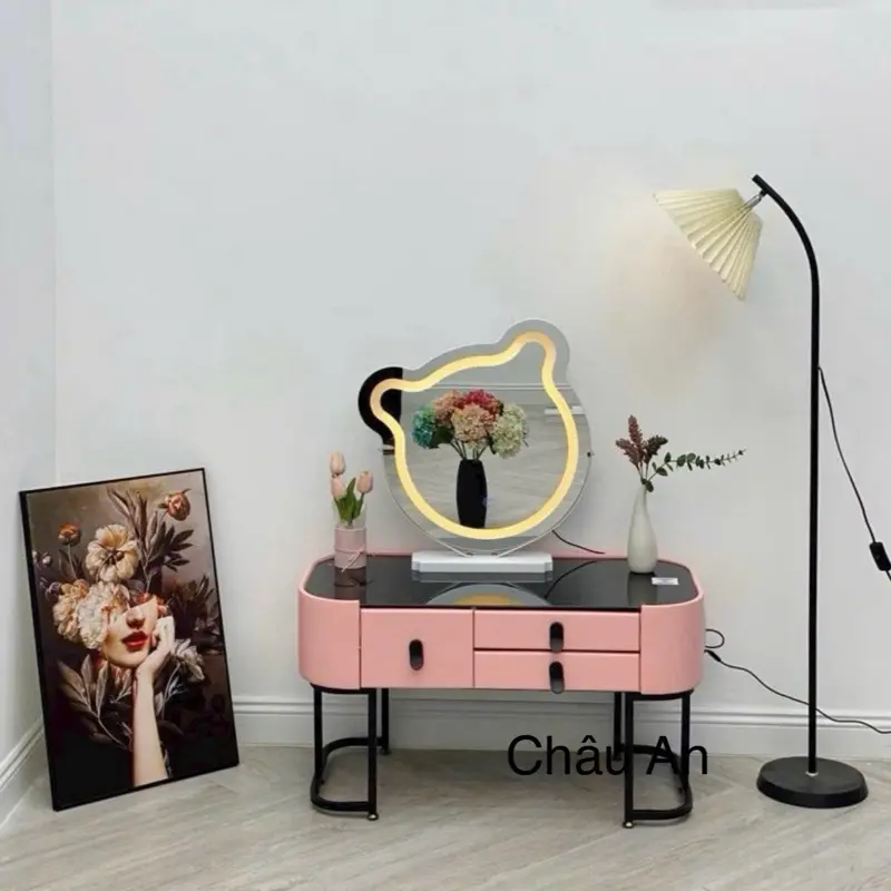 bàn trang điểm mini nhập khẩu bệt ghế thỏ , bàn  phấn  derco tích hợp  nhiều chức năng (sạc không dây ,loa Bluetooth …) 8