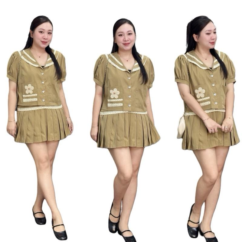 Set bộ thuỷ thủ phối ren hoa chân váy xếp ly CLLEE bigsize nữ (21407) Top