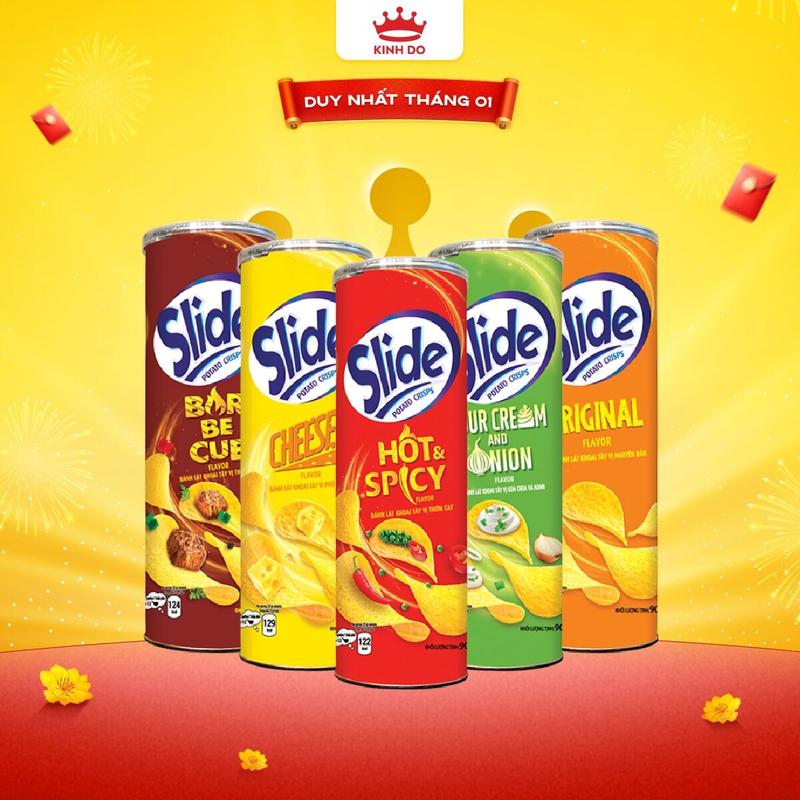 Combo 5 Lon Bánh Lát Snack Khoai Tây Slide Vị Ngẫu Nhiên Tự Nhiên Thịt Nướng Phô Mai Kem Chua & Hành Thơm Cay 90g