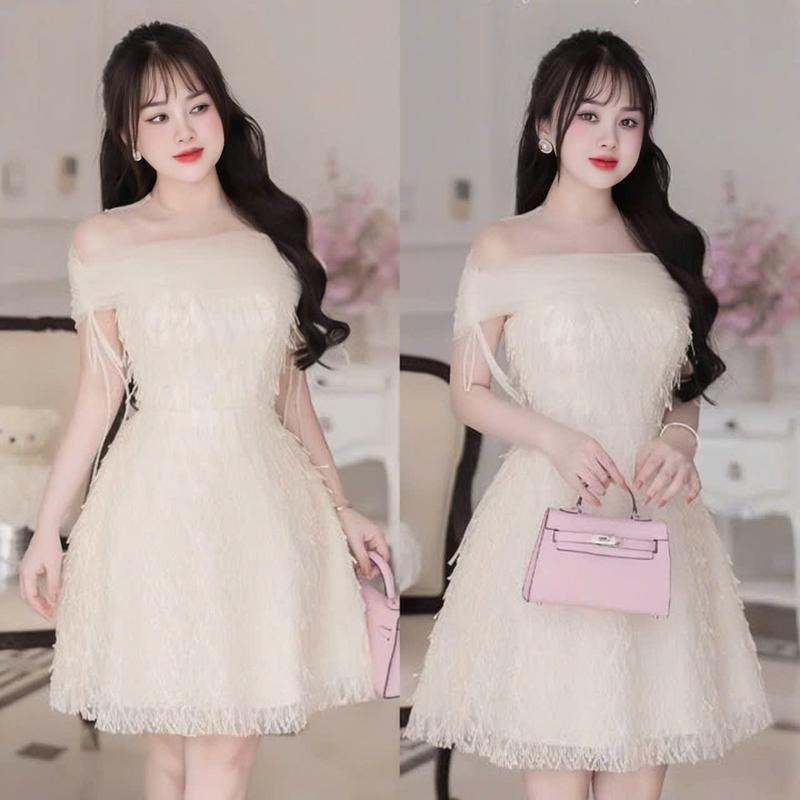  Đầm váy nữ ren lưới thiết kế 2 dây trễ vai  có mút ngực  dáng xòe dài sang chảnh dành cho các nàng diện đi chơi. 