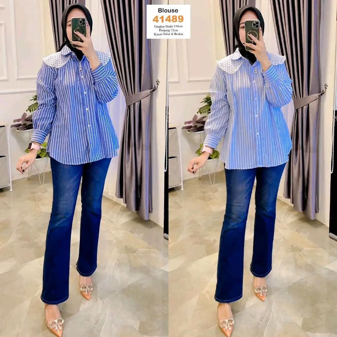 Kemeja Wanita Salur Kombinasi Tile Brukat Mutiara kemeja pita belakang Elegant remaja korean style