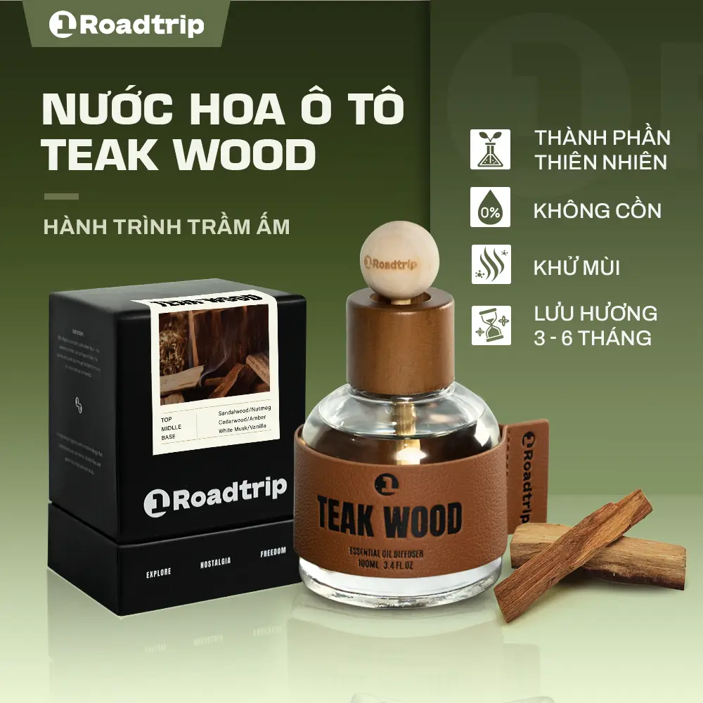 Nước Hoa Ô Tô Cao Cấp 1Roadtrip - Teak Wood Mùi Gỗ Trầm Ấm, Không Nồng Gắt, Khử Mùi Chống Say Xe, Dung Tích 100ml