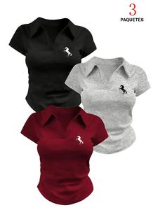 Conjunto de camiseta slim fit de manga corta con cuello tipo polo para mujer, ropa casual de verano para uso diario, vacaciones, camping y escuela, diseño con estampado de caballo