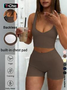 Conjunto sexy de top halter con escote en U y espalda descubierta, shorts, ropa casual cómoda elástica, perfecto para gimnasio, yoga, correr y uso diario