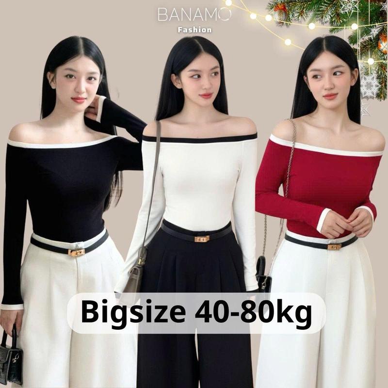  Áo nữ BIGSIZE Banamo Fashion áo thun trễ vai dài tay phối viền phong cách quyến rũ 310 
