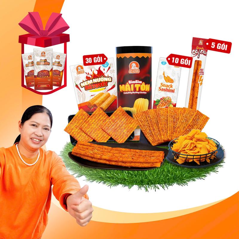 Combo NHẤTT THỐNGG: Gồm 30 gói snack nem nướng bà Tuyết + 1 hũ bimbim mái tôn + 10 gói snack bìa cat tông + 5 snack cột điện - ĂN CÙNG BÀ TUYẾT