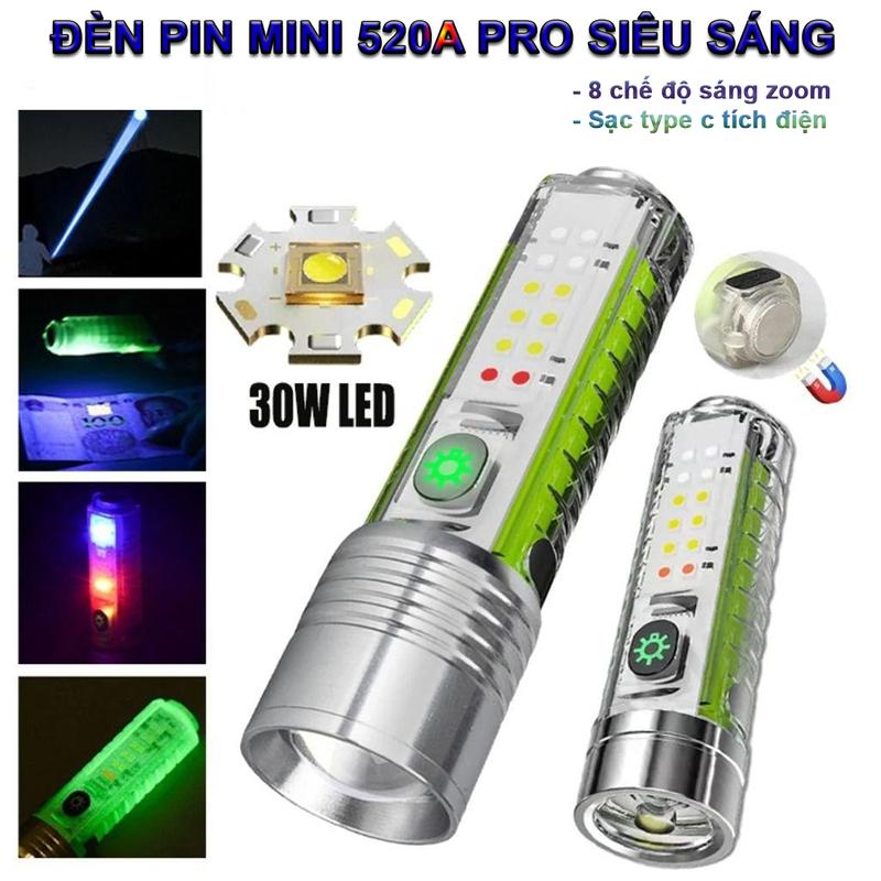 Đèn Pin Mini 520A Pro Siêu Sáng 30W LED 8 Chế Độ Sáng Zoom Có Nam Châm Đuôi Sạc Type-C Tích Điện