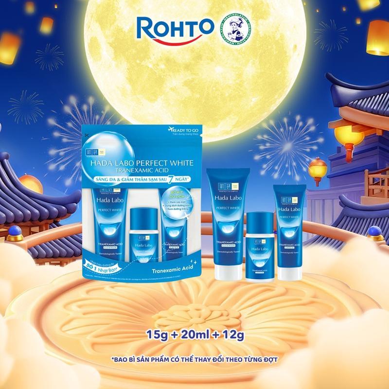[Livestream] Bộ travel size dưỡng trắng Hada Labo Perfect White Tranexamic Acid Travel Set (Kem rửa mặt 15g + Dung dịch dưỡng 20ml + Kem dưỡng 12g)