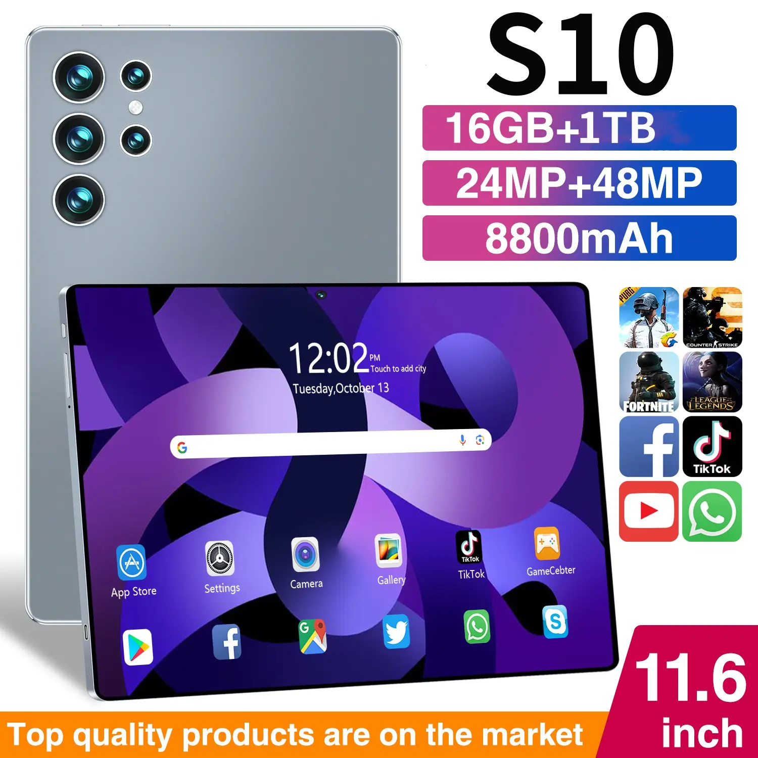 New S10 [16GB + 1TB 11,6 inci Kit Mouse & Keyboard Nirkabel Gratis] Tablet Android Layar Penuh Layar Besar Wifi 5G Dual SIM Dual Standby Pengalaman Profesional seperti PC | Layar Tampilan Penuh Warna Sejati 120HZOLED | Ultra Ramping & Ringan