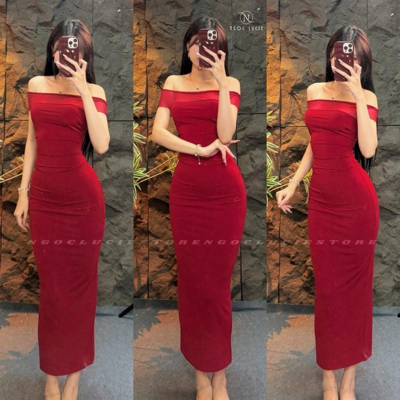 D1073 - Đầm Body Trễ Vai Phối Lưới Phong Cách Tối Giản Sang Trọng - Ngọc Lucie