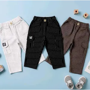 celana cargo panjang anak laki laki pinggang karet elastis fashion kids balita usia 1-6 tahun kain semiwoll salur warna hitam cream coklat bunda