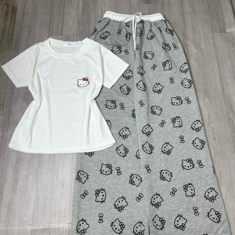 Hello Kitty Sét Bộ Áo Thun Babytee In Đầu Hello Kitty Mic Quần Xuông In Full Chất Da Cá Mềm Mát Dành Cho Nữ