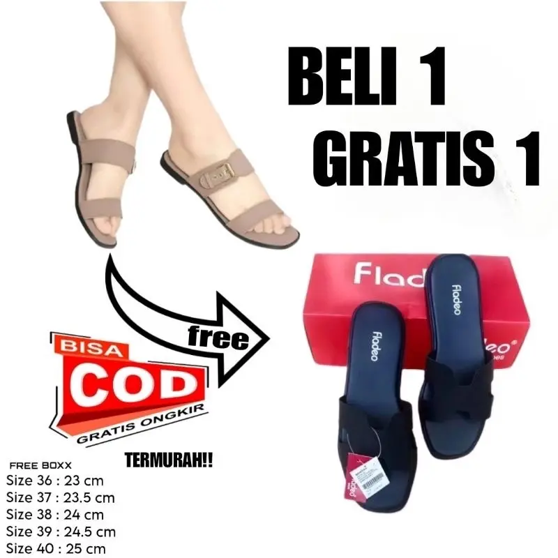 BELI 1 GRATIS 1 SANDAL TEPLEK WANITA SANDAL SLOP BAN DUA SLIDE WANITA KEKINIAN Cewek Flat Sendal