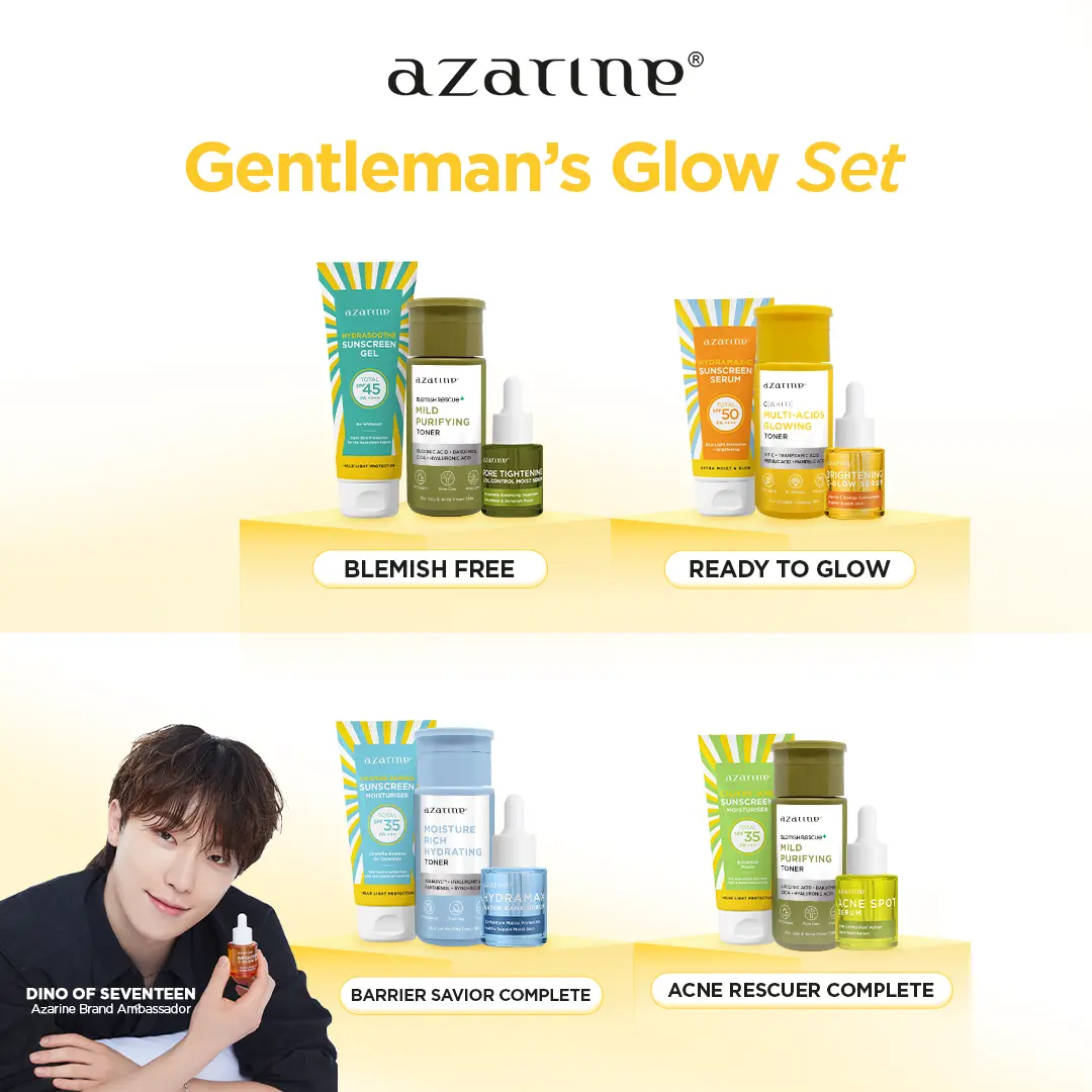 Azarine Gentleman's Glow Set (Sunscreen + Toner + Serum) Berjerawat Aging Mencerahkan Wajah Hydrating