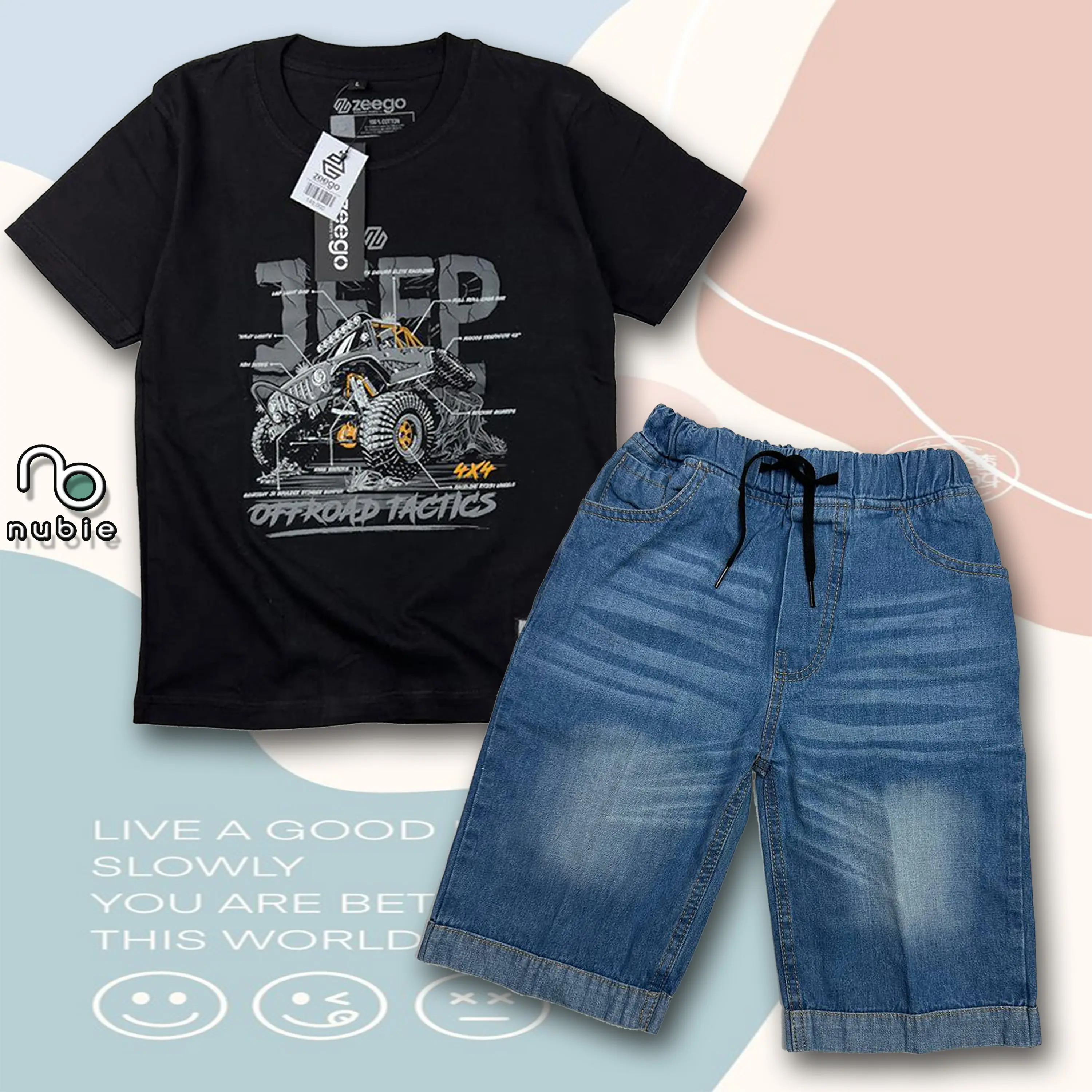 Setelan Kaos Celana Pendek Jeans Anak Laki-laki Usia 3-12 Tahun Motif keren Baju Pakaian Fashion fhasion regular fit