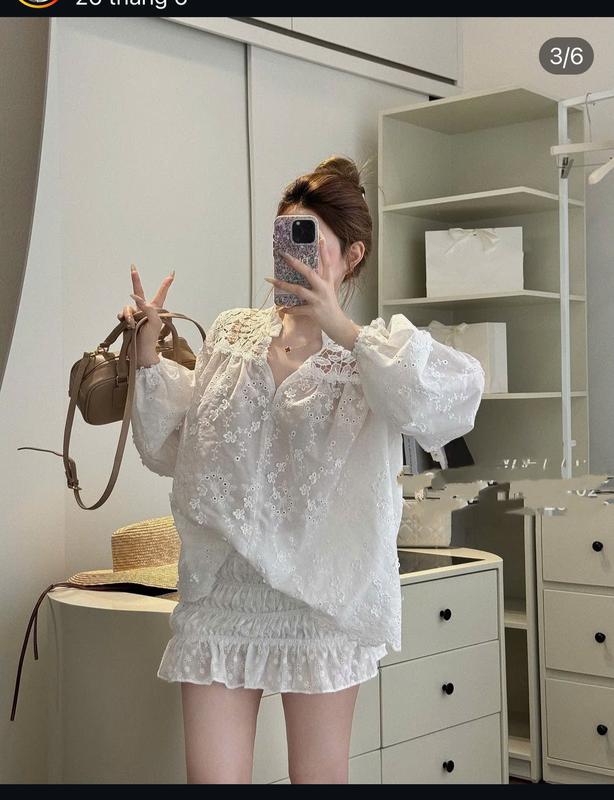  Sét Thô Boi Ren Họa Tiết Thiết Kế Cổ V Phối Viền Ren Kiểu Dáng Tay Bồng Mix Chân Váy Bigsize Kim Ngân 55 kg đến 95 kg  S M L Xl Xxl  
