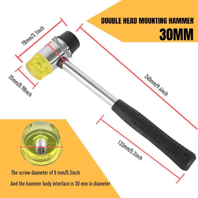 Product Introduction of 25/30mm Leather DIY Tool Double Face Soft Touch Hammer Black Plastic Coated Grip Double Head Rubber Hammer Handheld Tool 38