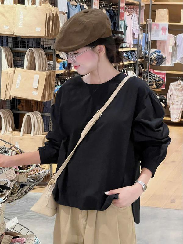 Áo sơ mi thô cổ tròn tay bồng dáng rộng Miho House