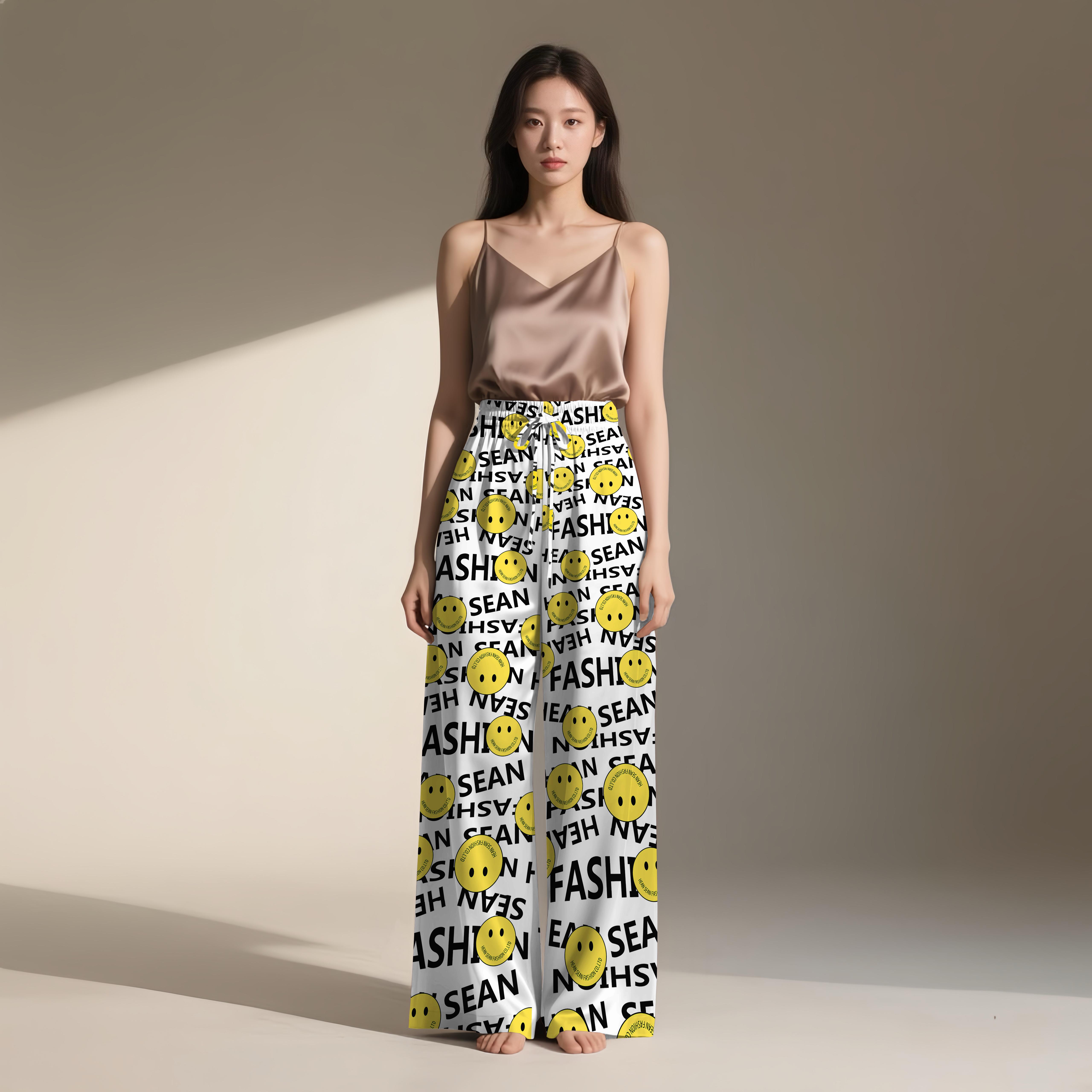 (SL920) ผ้าไหมอิตาลี，กางเกงขากว้าง，กระเป๋า 2 ใบ，เชือกนั้นสามารถใช้งานได้จริง，รูปแบบหน้ายิ้ม