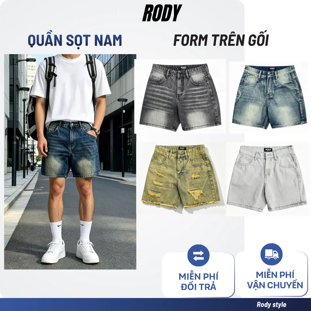 RODY STYLE Quần Short Jean Unisex Từ Trên Gối Chất Liệu Denim Cotton Mềm Mịn Phong Cách Cá Tính, Thời Trang Dễ Phối Đồ