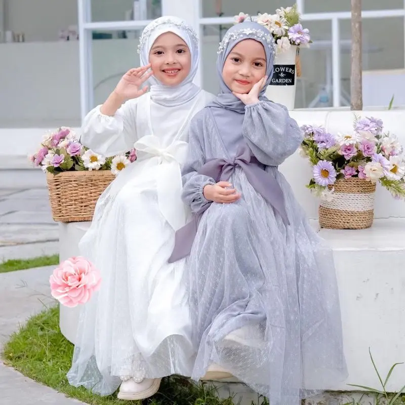 Gamis anak perempuan muslim mewah terbaru gaun putih mutiara panjang tile lebaran Ladys Kid Pita Baju Dress 0