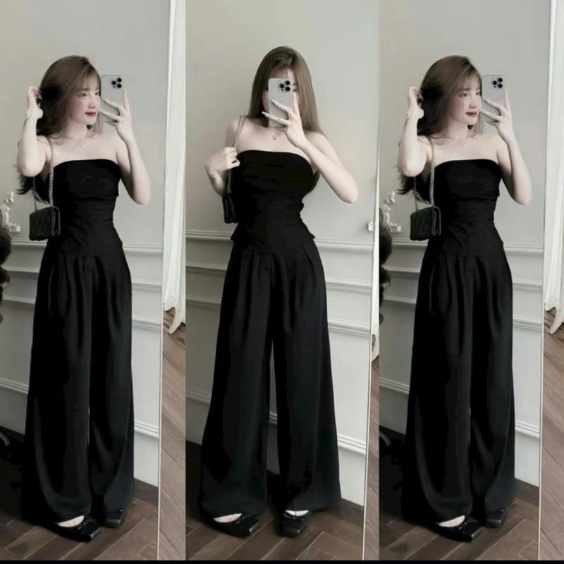  Mèo Mỡ Bigsize — Set bộ thời trang nữ cúp quây   áo bo chun  kèm quần ống rộng bigsize nữ 55-95kg có mút ngực 