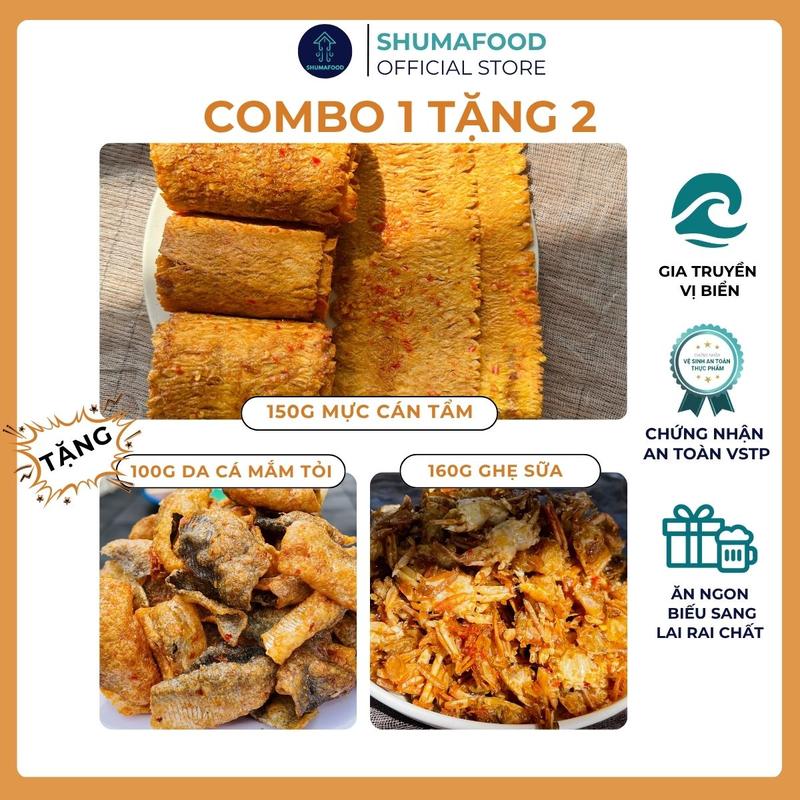 Mua 1 tặng 2 Mua 150g khô mực cán tẩm tặng kèm 100g khô da cá mắm tỏi và 160g khô ghẹ sữa ShumaFood snack ăn vặt