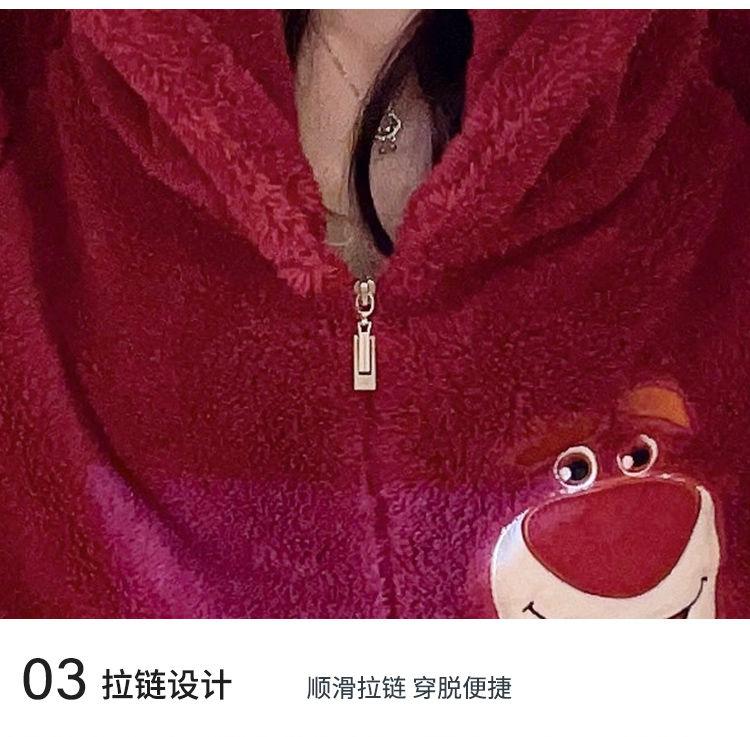 Product Introduction of Strawberry Bear One-Piece Coral Velvet Pajamas Female Stylish Simple and Versatile Flannel Cute Cartoon Student Can Be Outerwear Homewear 11