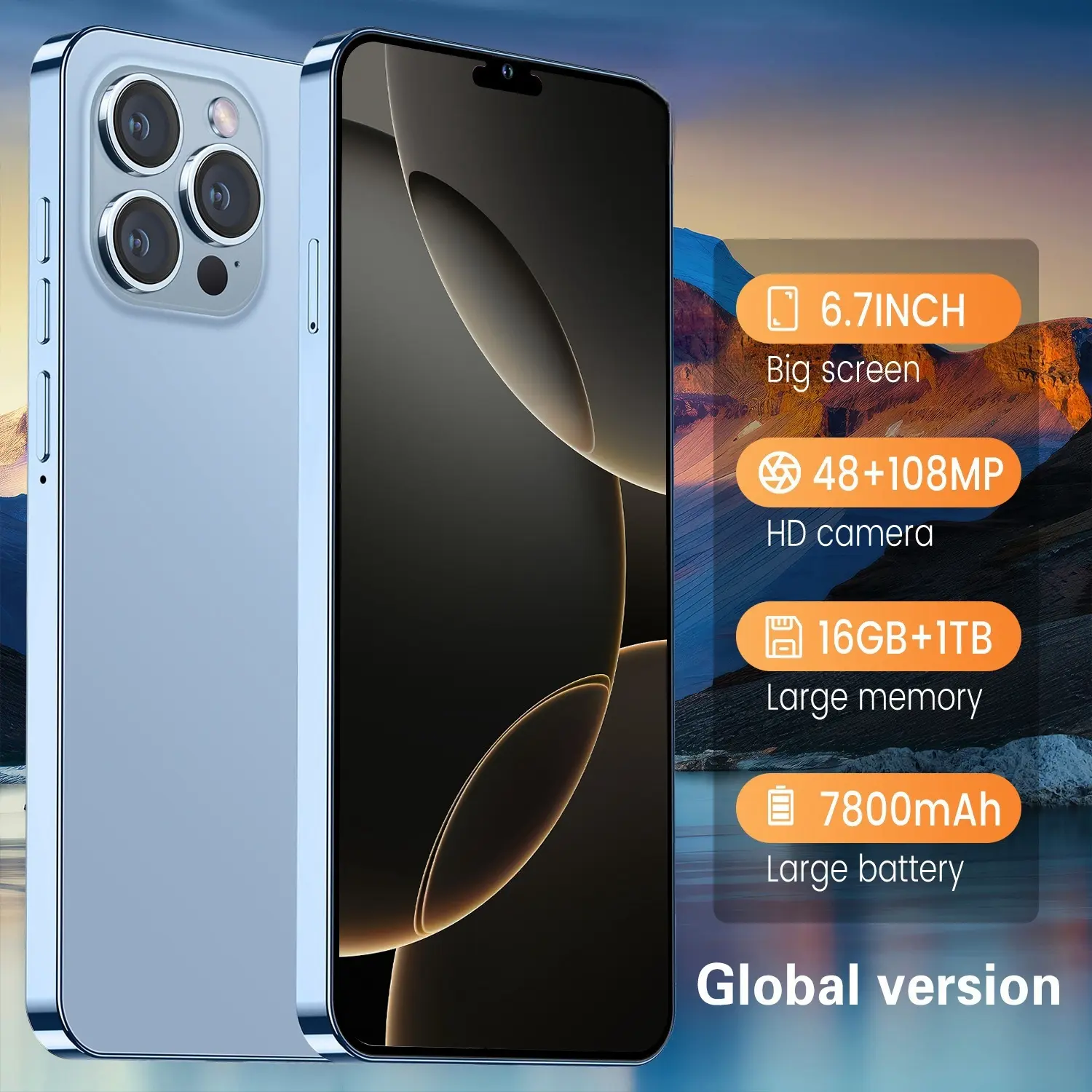 "I16  Smartphone 16GB+1TB Storage, 7.3-inch Display, 72MP+108MP Dual Cameras, Android 13, Ultra-High Performance" Cellphone