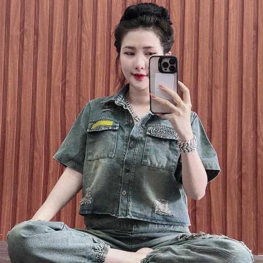 Đồ Bộ Jean Mai phụ liệu Chử tay ngắn lững quần dài bo chun