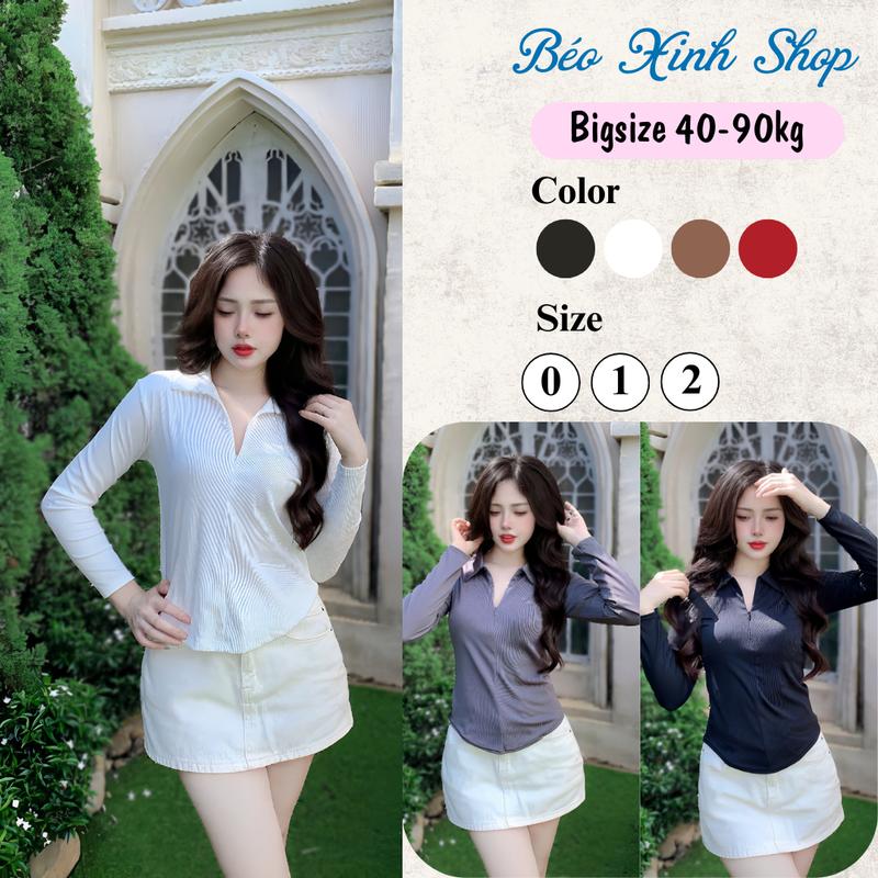 Áo Thun Cổ Polo Phối Dây Kéo Tay Dài Vải Thun Gân Tăm 45- 90Kg Bigsize Dễ Thương Top Nữ Women - A.1413
